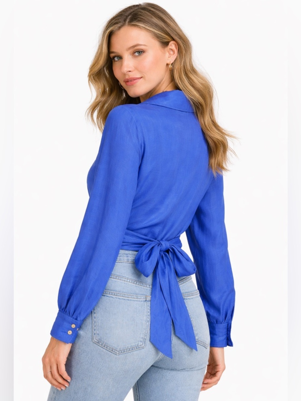 R.G. Kane Linen Blend V-Neck Wrap Front Blouse Balloon Sleeve Blue Size Large